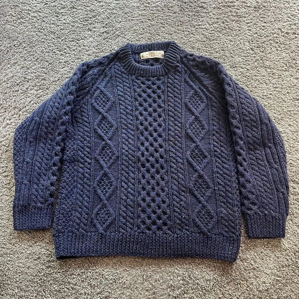 Vintage An Tuirne Ireland Sweater Wool Cable Knit Fisherman Chunky Blue Size L